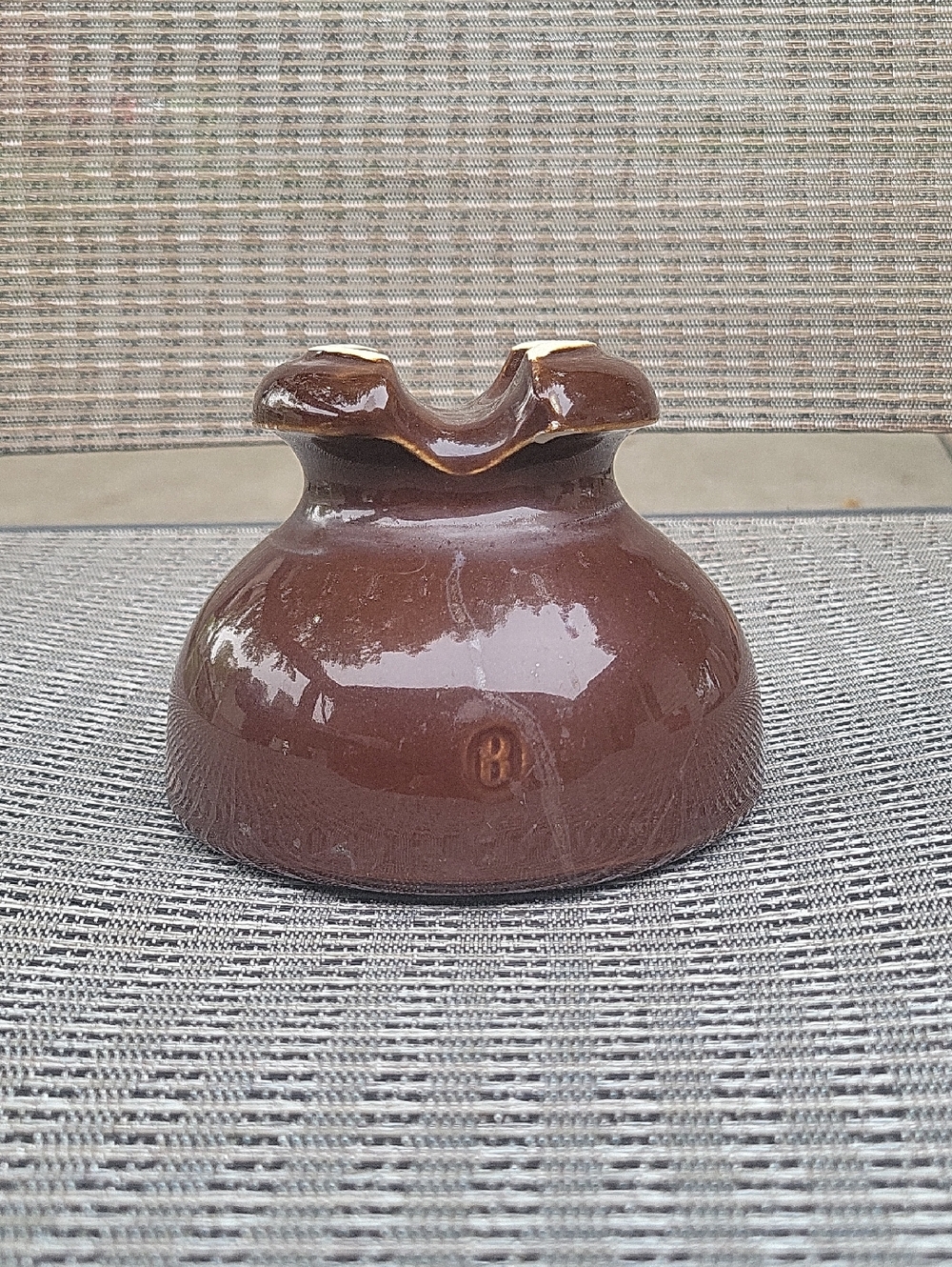 Vintage Brown Saddle Top Ceramic Insulator with Embossed 'B'